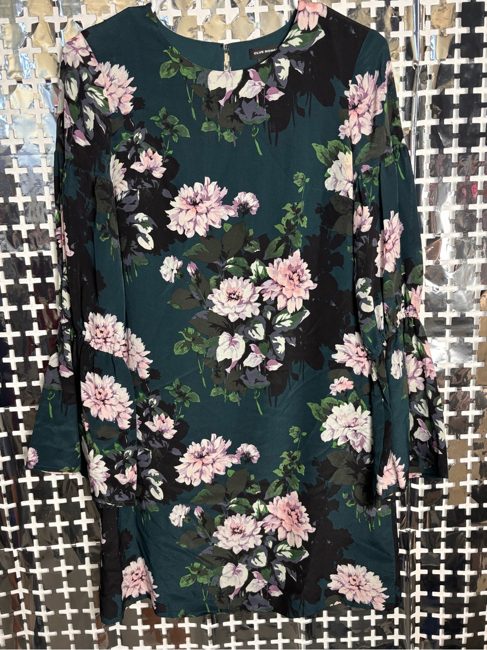 Club Monaco Teal Long-Sleeve Floral Shift Dress with Pink Blooms